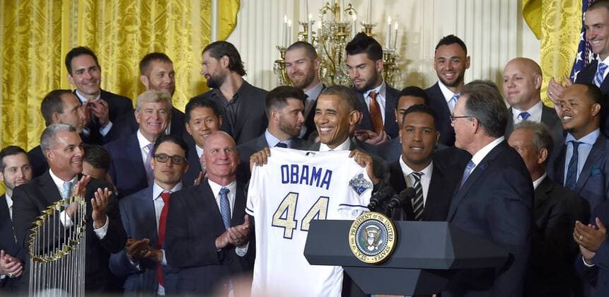 July 21, 2016 - Washington, DC, USA - President Barack Obama receives a Kansas City Royals jersey during a visit to the White House to honor the 2015 World Series championSaon Thursday, July 21, 2016. Obama honors Kansas City Royals - ZUMAm67_