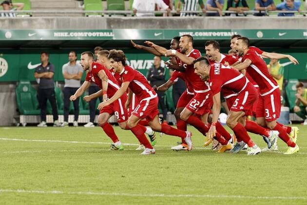 BUDAPEST, HUNGARY - JULY 20: Teammates of FK Partizani - Lorenc Trashi 19, Jurgen Bardhi 11, Labinot Ibrahimi 22, Gezim Krasniqi 5, Renato Arapi 3 - celebrate the winning of the penalty shootout during the UEFA Champions League Qualifying Round match between Ferencvarosi TC and FK Partizani at Groupama Arena on July 20, 2016 in Budapest, Hungary. LaszloxSzirtesi 