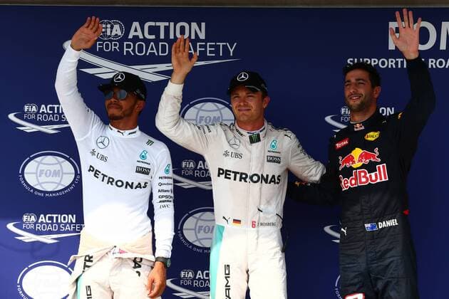Hungarian Grand Prix, Hungaroring, Budapest 21 - 24 July 2016 23.07.2016 - Qualifying, 2nd position Lewis Hamilton (GBR) Mercedes AMG F1 W07 Hybrid, Nico Rosberg (GER) Mercedes AMG F1 W07 Hybrid pole position and 3rd position Daniel Ricciardo (AUS) Red Bull Racing RB12 