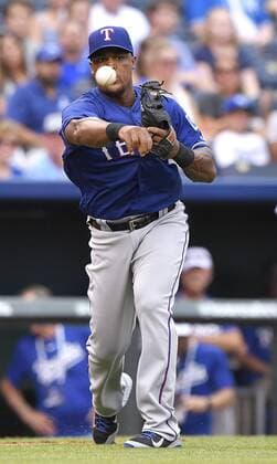 July 23, 2016 - Kansas City, MO, USA - Texas Rangers third baseman Adrian Beltre make a throwing error on a grounder by the Kansas City Royals Alcides Escobar that allowed him to advance to second in the third inning on Saturday, July 23, 2016, at Kauffman Stadium in Kansas City, Mo. Texas at Kansas City - ZUMAm67_
