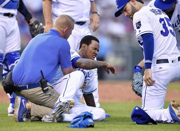 July 23, 2016 - Kansas City, MO, USA - Kansas City Royals starting pitcher Yordano Ventura is attended to after being hit in the chest by a line drive off the bat of the Texas Rangers Adrian Beltre in the fifth inning on Saturday, July 23, 2016, at Kauffman Stadium in Kansas City, Mo. Texas at Kansas City - ZUMAm67_