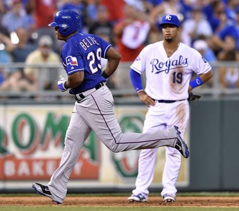 July 23, 2016 - Kansas City, MO, USA - The Texas Rangers Adrian Beltre rounds the bases in front of Kansas City Royals third baseman Cheslor Cuthbert on a three-run home run in the seventh inning on Saturday, July 23, 2016, at Kauffman Stadium in Kansas City, Mo. Texas at Kansas City - ZUMAm67_