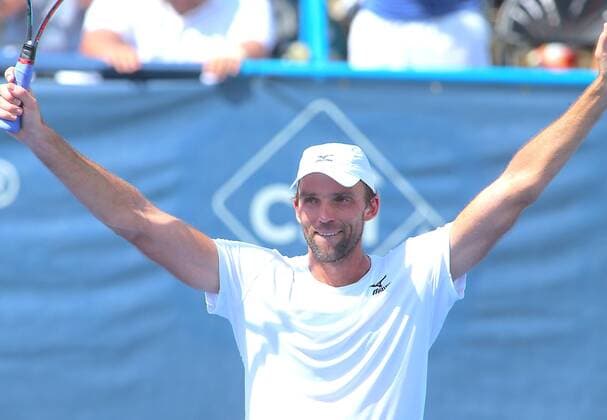 July 23 2016: Ivo Karlovic (CRO) celebrates after winning the men s singles semi-final against Steve Johnson (USA)at the Rock Creek Tennis Center, in Washington D.C. Karlovic defeated Johnson 6-4 6-4. (Photo by Tony Quinn Icon Sportswire) TENNIS: JUL 23 Citi Open Icon25516072343 EDITORIAL USE ONLY