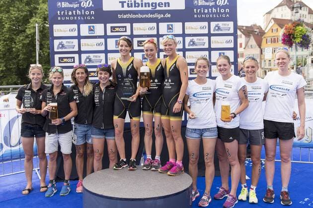 Siegerehrung, 1. Bitburger 0,0% Triathlon-Bundesliga, Mey Generalbau Citytriathlon Tuebingen, DTU-Roadshow 2016, Deutsche Triathlon Union, 24.07.2016, Tuebingen Copyright: Walther Eibner-Pressefoto EP_SWR