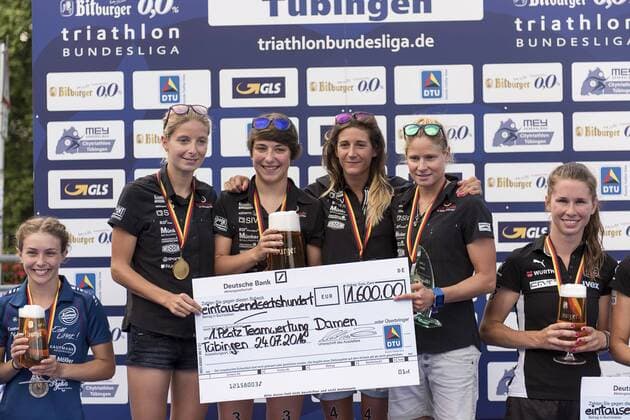Siegerehrung, 1. Bitburger 0,0% Triathlon-Bundesliga, Mey Generalbau Citytriathlon Tuebingen, DTU-Roadshow 2016, Deutsche Triathlon Union, 24.07.2016, Tuebingen Copyright: Walther Eibner-Pressefoto EP_SWR