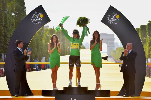 Tour de France, Siegerehrung Gesamtwertungen Slovakian Peter Sagan of Tinkoff celebrates on the podium in the green jersey of leader in the sprint ranking after the 21st and last stage of the 103rd edition of the Tour de France cycling race, 113 km from Chantilly to the Champs-Elysees in Paris, France, on Sunday 24 July 2016. This year s Tour de France takes place from July 2nd to July 24th. DAVIDxSTOCKMAN  x04898178x