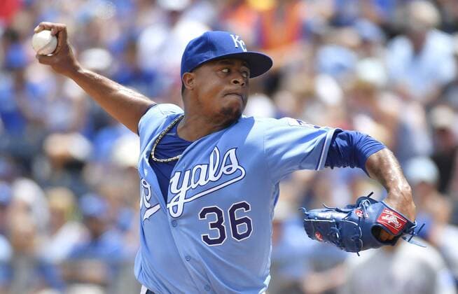 July 24, 2016 - Kansas City, MO, USA - Kansas City Royals starting pitcher Edinson Volquez throws in the second inning against the Texas Rangers on Sunday, July 24, 2016 at Kauffman Stadium in Kansas City, Mo. Royals fall to Rangers after Soria stumbles again - ZUMAm67_
