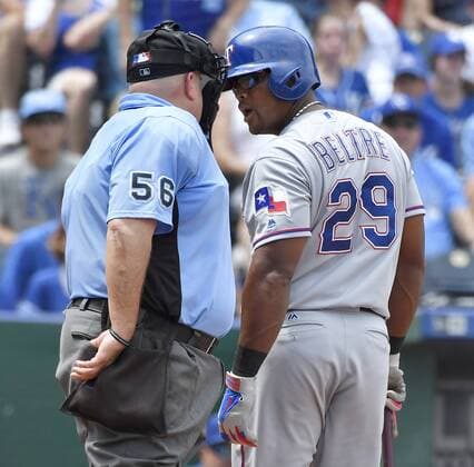 July 24, 2016 - Kansas City, MO, USA - Texas Rangers Adrian Beltre exchanges words with home plate umpire Eric Cooper after Cooper called Beltre out looking at strike three in the fourth inning against the Kansas City Royals on Sunday July 24, 2016 at Kauffman Stadium in Kansas City, Mo. Royals fall to Rangers after Soria stumbles again - ZUMAm67_