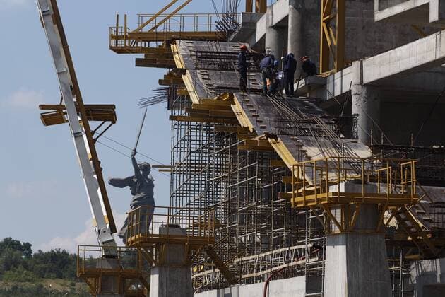 VOLGOGRAD, RUSSIA - JULY 22, 2016: The construction site of Volgograd Arena. The stadium of up to 45,000 capacity will host 2018 FIFA World Cup WM Weltmeisterschaft Fussball matches. Dmitry Rogulin TASS  TS02AD33