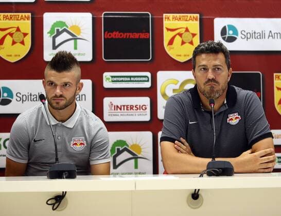 Fußball, CL Quali, Red Bull Salzburg - PK SOCCER - CL, quali, Tirana vs RBS TIRANA,ALBANIA,25.JUL.16 - SOCCER - UEFA Champions League, qualification, FK Partizani Tirana vs Red Bull Salzburg, RBS press conference PK Pressekonferenz Image shows Valon Berisha and head coach Oscar Garcia (RBS). GEPAxpictures xFelixxRoittner