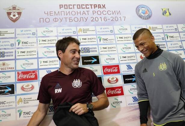 Anderlecht s head coach Rene Weiler and Anderlecht s Sebastien De Maio pictured during a press conference PK Pressekonferenz of Belgian first league soccer team RSC Anderlecht in Rostov-on-Don, Russia, Monday 25 July 2016. Tomorrow Anderlecht is playing the first leg of the third qualification round for the Champions League competition against Russian team FC Rostov. VIRGINIExLEFOUR  x04898653x