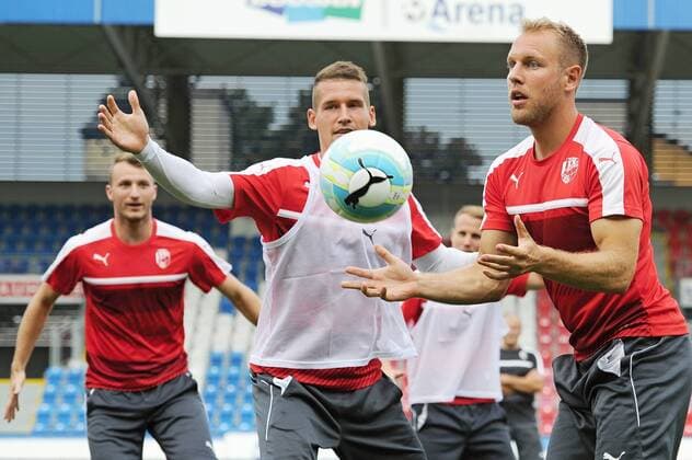 Soccer players of Viktoria Plzen (L-R) Michael Krmencik, Lukas Hejda and Daniel Kolar in action during the training session prior to 3rd qualifying round of football Champions League, 1st leg: Viktoria Plzen vs Karabach in Plzen, Czech Republic, July 25, 2016. (CTKxPhoto PavelxNemecek) CTKPhotoP201607250770301  nmc5