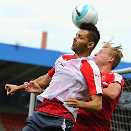 Soccer players of Viktoria Plzen Michal Duris (left) and Frantisek Rajtoral in action during the training session prior to 3rd qualifying round of football Champions League, 1st leg: Viktoria Plzen vs Karabach in Plzen, Czech Republic, July 25, 2016. (CTKxPhoto PavelxNemecek) CTKPhotoP201607250777301  nmc10