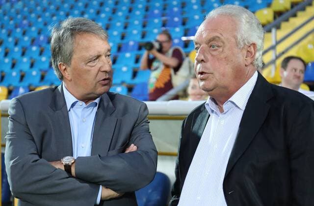 Anderlecht s manager Herman Van Holsbeeck and Anderlecht chairman Roger Vanden Stock pictured during a training session of Belgian first league soccer team RSC Anderlecht in Rostov-on-Don, Russia, Monday 25 July 2016. Tomorrow Anderlecht is playing the first leg of the third qualification round for the Champions League competition against Russian team FC Rostov. VIRGINIExLEFOUR  x04898660x