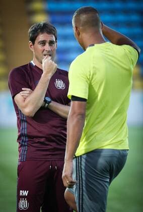Anderlecht s head coach Rene Weiler and Anderlecht s Sebastien De Maio pictured during a training session of Belgian first league soccer team RSC Anderlecht in Rostov-on-Don, Russia, Monday 25 July 2016. Tomorrow Anderlecht is playing the first leg of the third qualification round for the Champions League competition against Russian team FC Rostov. VIRGINIExLEFOUR  x04898704x