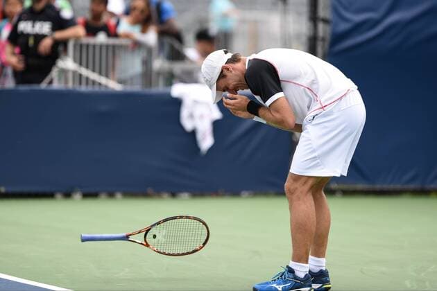 July 25, 2016: Steven Diez of Canada reacts after winning his first round match of the Rogers Cup tournament at the Aviva Centre in Toronto, Ontario, Canada on July 25, 2016. Cal Media TENNIS 2016 - Rogers Cup Toronto July 25 - ZUMAc04_