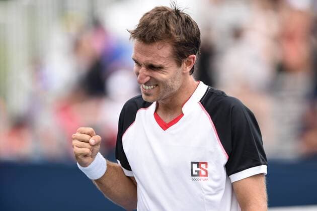 July 25, 2016: Steven Diez of Canada reacts after winning his first round match of the Rogers Cup tournament at the Aviva Centre in Toronto, Ontario, Canada on July 25, 2016. Cal Media TENNIS 2016 - Rogers Cup Toronto July 25 - ZUMAc04_