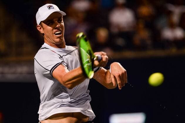July 25, 2016: Sam Querrey of the United States returns the ball to Frank Dancevic of Canada during their first round match of the Rogers Cup tournament at the Aviva Centre in Toronto, Ontario, Canada on July 25, 2016. Cal Media TENNIS 2016 - Rogers Cup Toronto July 25 - ZUMAc04_