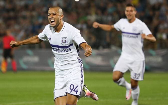Anderlecht s Sofiane Hanni celebrates after scoring during the first leg of the third qualification round between Belgian first league soccer team RSC Anderlecht and Russian team FC Rostov in the Champions League competition, on Tuesday 26 July 2016, in Rostov-on-Don, Russia. VIRGINIExLEFOUR  x04899200x