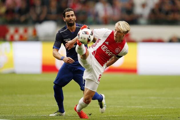 (L-R) Jose Angel Crespo of PAOK FC, Kasper Dolberg of Ajax during the UEFA Champions League Third qualifying round first leg match between Ajax Amsterdam and PAOK Saloniki on July 26, 2016 at the Amsterdam Arena in Amsterdam, The Netherlands. Ajax v PAOK Saloniki UEFA Champions League 2016 2017 xVIxxIVx 5898051