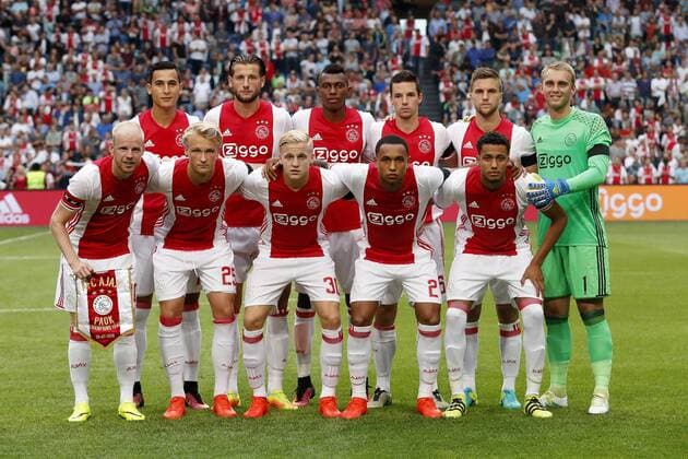(Top Row L-R) Anwar El Ghazi of Ajax, Mitchell Dijks of Ajax, Mateo Cassierra of Ajax, Nick Viergever of Ajax, Joel Veltman of Ajax, goalkeeper Jasper Cillessen of Ajax (Front row L-R) Davy Klaassen of Ajax, Kasper Dolberg of Ajax, Donny van de Beek of Ajax, Kenny Tete of Ajax, Jairo Riedewald of Ajax, during the UEFA Champions League Third qualifying round first leg match between Ajax Amsterdam and PAOK Saloniki on July 26, 2016 at the Amsterdam Arena in Amsterdam, The Netherlands. Ajax v PAOK Saloniki UEFA Champions League 2016 2017 xVIxxIVx 5898052