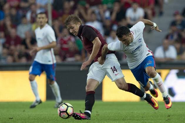 Martin Frydek of Sparta, left, and Adnan Aganovic of Steaua in action during the 3rd qualifying round of football Champions League, 1st leg: Sparta Praha vs Steaua Bucharest in Prague, Czech Republic, July 26, 2016. (CTKxPhoto MichalxKamaryt) CTKPhotoP201607260967701  kmt 8