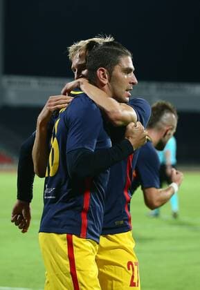 SOCCER - CL, quali, Tirana vs RBS ELBASAN,ALBANIA,26.JUL.16 - SOCCER - UEFA Champions League, qualification, FK Partizani Tirana vs Red Bull Salzburg. Image shows the rejoicing of Jonatan Soriano and Konrad Laimer (RBS). GEPAxpictures xFelixxRoittner