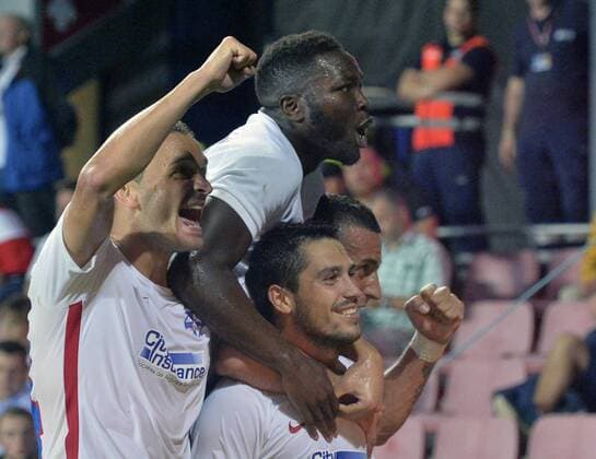 Marko Momcilovic, from left, Muniru Sulley, and Nicolae Stanciu of Steaua celebrate the Stanciu s goal during the 3rd qualifying round of football Champions League, 1st leg: Sparta Praha vs Steaua Bucharest in Prague, Czech Republic, July 26, 2016. (CTKxPhoto MichalxDolezal) CTKPhotoP201607260985401  dol 0004