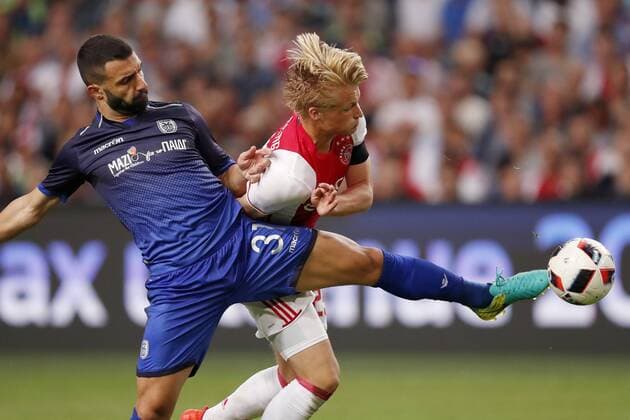 (L-R) Giorgos Tzavellas of PAOK FC, Kasper Dolberg of Ajax during the UEFA Champions League Third qualifying round first leg match between Ajax Amsterdam and PAOK Saloniki on July 26, 2016 at the Amsterdam Arena in Amsterdam, The Netherlands. Ajax v PAOK Saloniki UEFA Champions League 2016 2017 xVIxxIVx 5898409