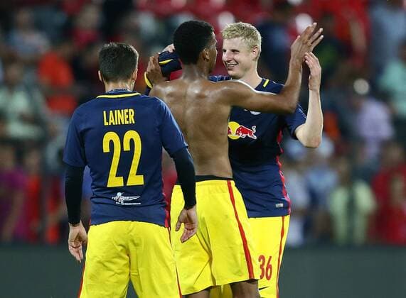 SOCCER - CL, quali, Tirana vs RBS ELBASAN,ALBANIA,26.JUL.16 - SOCCER - UEFA Champions League, qualification, FK Partizani Tirana vs Red Bull Salzburg. Image shows Stefan Lainer, Bernardo Fernandes da Silva Junior and Martin Hinteregger (RBS). GEPAxpictures xFelixxRoittner