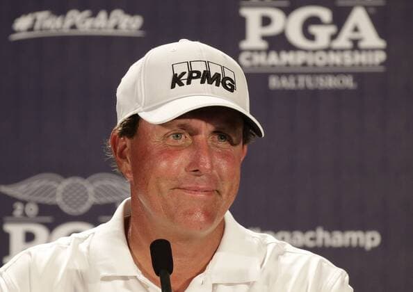 Phil Mickelson speaks at a press conference PK Pressekonferenz after his practice round at the PGA Golf Herren Championship at Baltusrol Golf Club in Springfield, New Jersey on July 26, 2016.  PGA20160726101 JOHNxANGELILLO