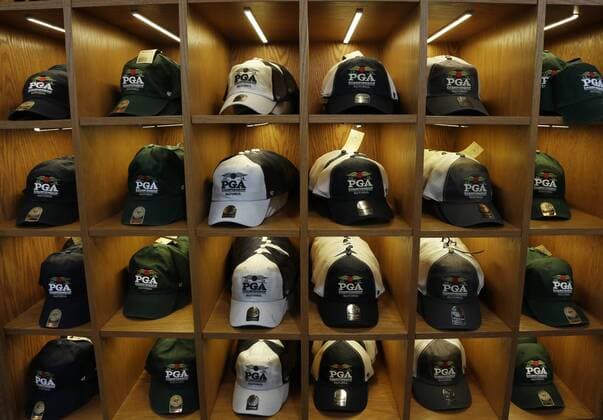 PGA Golf Herren Golf hats and merchandise is sold in a tent at the PGA Championship at Baltusrol Golf Club in Springfield, New Jersey on July 26, 2016.  PGA20160726121 JOHNxANGELILLO