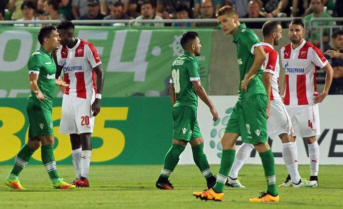 26.07.2016 Razgrad(Bulgaria) PFC Ludogorets-FK Crvena Zvezda(FC Red Star) 3rd leg Champions League qualify men s football Claudiu Keseru(L) angry during match with Ihor Plastun(4L) PFC Ludogorets beside Mitchell Donald(2L) and Damien Le Tallec(r) FK Crvena Zvezda(FC Red Star) : 