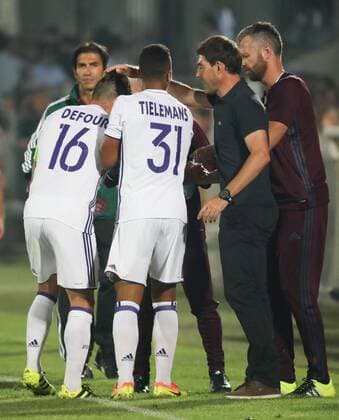 Anderlecht s Steven Defour, Anderlecht s Youri Tielemans and Anderlecht s head coach Rene Weiler celebrate during the first leg of the third qualification round between Belgian first league soccer team RSC Anderlecht and Russian team FC Rostov in the Champions League competition, on Tuesday 26 July 2016, in Rostov-on-Don, Russia. VIRGINIExLEFOUR  x04899257x