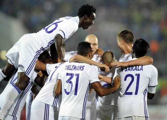 ROSTOV-ON-DON, RUSSIA - JULY 26, 2016: Anderlecht s players celebrate scoring in Leg 1 of the 2016 17 UEFA Champions League Third qualifying round match against FC Rostov at Olimp-2 Stadium. The game ended in a 2:2 draw. Valery Matytsin TASS  TS02AF38