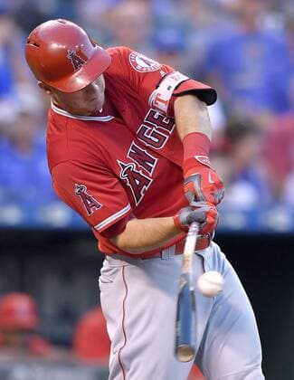 July 26, 2016 - Kansas City, MO, USA - The Los Angeles Angels Mike Trout connects on an RBI single in the fourth inning against the Kansas City Royals on Tuesday, July 26, 2016, at Kauffman Stadium in Kansas City, Mo. LA Angels at Kansas City - ZUMAm67_