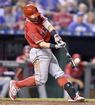 July 26, 2016 - Kansas City, MO, USA - The Los Angeles Angels Johnny Giavotella connects on a double in the eighth inning against the Kansas City Royals on Tuesday, July 26, 2016, at Kauffman Stadium in Kansas City, Mo. LA Angels at Kansas City - ZUMAm67_