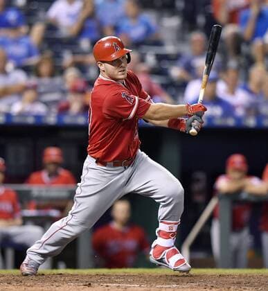 July 26, 2016 - Kansas City, MO, USA - The Los Angeles Angels Mike Trout follows through on a two-run double in the ninth inning against the Kansas City Royals on Tuesday, July 26, 2016, at Kauffman Stadium in Kansas City, Mo. The Angels won, 13-0. LA Angels at Kansas City - ZUMAm67_