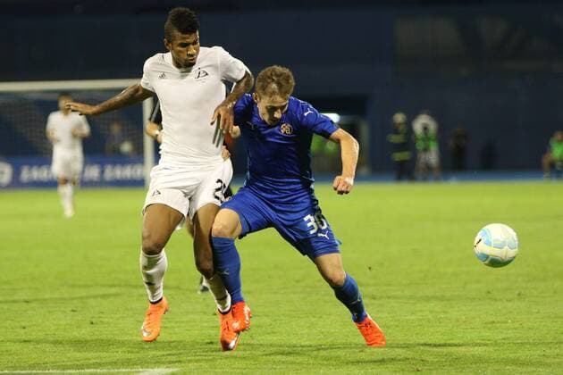 Zagreb, 26.7.2016., Stadion Maksimir - UEFA Champions League, Third qualifying round, First leg. GNK DINAMO Zagreb (blue) - DINAMO Tbilisi (white) 2:0 Marko ROG (30) vs Rene SANTOS (25)