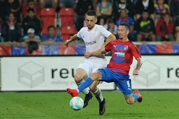 MUAREM MUAREM of Karabach, left, and MILAN PETRZELA of Viktoria in action during the 3rd qualifying round of football Champions League, 1st leg: FC Viktoria Pilsen vs FK Karabach in Pilsen, Czech Republic, July 26, 2016. (CTKxPhoto PavelxNemecek) CTKPhotoP201607261051001  nmc