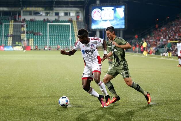 UEFA CHAMPIONS LEAGUE QUALIFICATION THIRD ROUND MATCH IN ZILINA: AS TRENCIN - LEGIA WARSAW SAMUEL KALU MICHAIL ALEKSANDROW  160727PYK0013