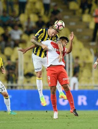 UEFA Champions League Third qualifying round first leg match between Fenerbahce Istanbul and Monaco on July 27, 2016 at the Ulker Stadium in Istanbul,Turkey. Pictured: Simon Kjaer of Fenerbahce and Radamel Falcao of Monaco. 