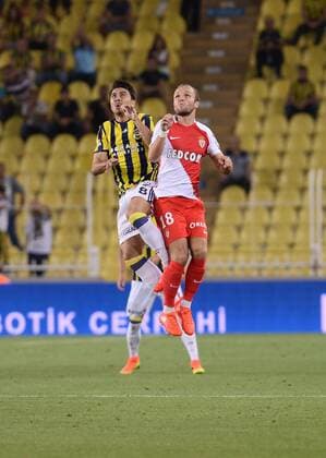 UEFA Champions League Third qualifying round first leg match between Fenerbahce Istanbul and Monaco on July 27, 2016 at the Ulker Stadium in Istanbul,Turkey. Final Score : Fenerbahce 2 - Monaco 1 Pictured: Ozan Tufan (L) of Fenerbahce and Valere Germain (R) of Monaco. 