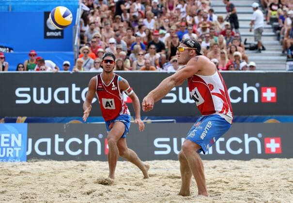 BEACHVOLLEYBALL - A1 Major Klagenfurt 2016 KLAGENFURT,AUSTRIA,28.JUL.16 - Beach volleyball Beachvolleyball - FIVB World Tour 2016, A1 Major Klagenfurt, men. Image shows Martin Ermacora and Moritz Bernd Pristauz-Telsnigg (AUT). GEPAxpictures xDanielxGoetzhaber