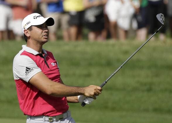 Jason Day of Australia hits his approach shot on the 14th hole in the first round at the PGA Golf Herren Championship at Baltusrol Golf Club in Springfield, New Jersey on July 28, 2016.  PGA20160728114 JOHNxANGELILLO