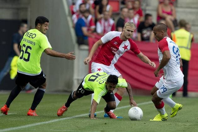 From left: Rafa Soares and Ruben Ribeiro from Rio and Jan Mikula and Gino van Kessel from Slavia in action during the Football Europa League 3rd qualifying round match SK Slavia Praha vs Rio Ave, in Prague, Czech Republic, July 28, 2016. (CTKxPhoto MichalxKamaryt) CTKPhotoP201607280921801  kmt 1