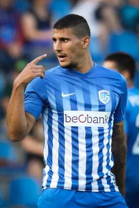 Genk s Nikolaos Karelis gestures during the first leg game of the third qualifying round between Belgian first league soccer team KRC Genk and Ireland s Cork City F.C. in the Europa League competition, on Thursday 28 July 2016, in Genk. VIRGINIExLEFOUR  x04899732x