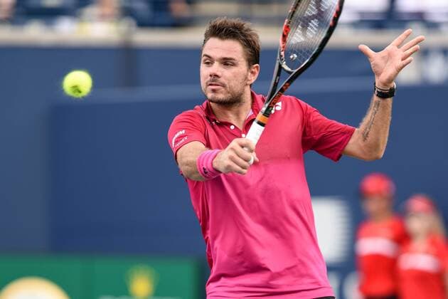 July 28, 2016: Stan Wawrinka of Switzerland returns the ball to Jack Sock of the United States during their third round match of the Rogers Cup tournament at the Aviva Centre in Toronto, Ontario, Canada on July 28, 2016. Cal Media TENNIS 2016 - Rogers Cup Toronto July 28 - ZUMAc04_