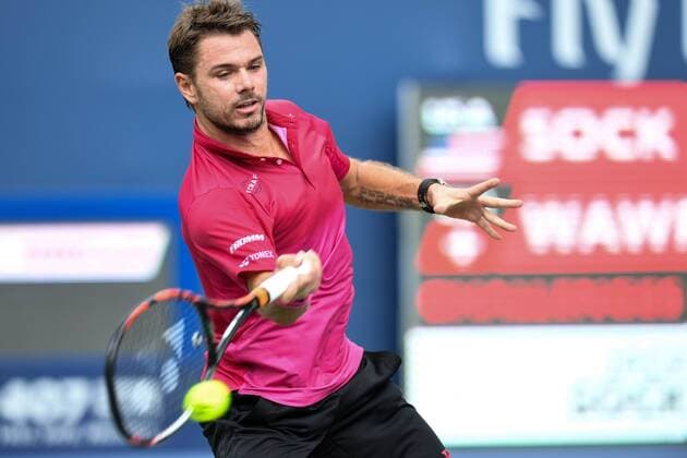 July 28, 2016: Stan Wawrinka of Switzerland returns the ball to Jack Sock of the United States during their third round match of the Rogers Cup tournament at the Aviva Centre in Toronto, Ontario, Canada on July 28, 2016. Cal Media TENNIS 2016 - Rogers Cup Toronto July 28 - ZUMAc04_