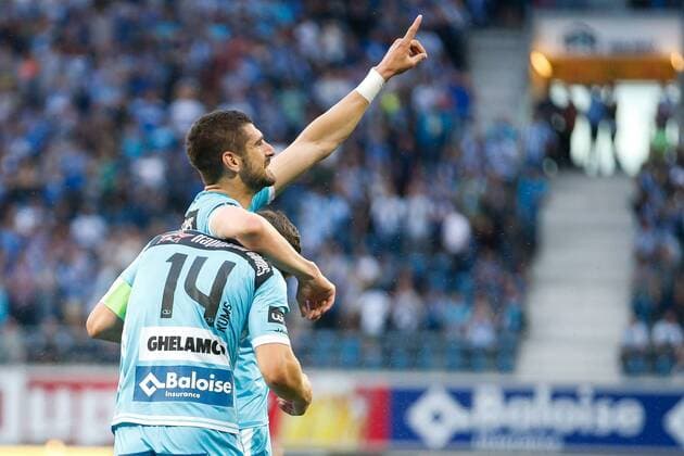 Gent s Stefan Mitrovic celebrates after scoring during the first leg match of the third qualifying round between Belgian first league soccer team KAA Gent and Romania s FC Viitorul Constanta in the Europa League competition, on Thursday 28 July 2016, in Gent. BRUNOxFAHY  x04899786x